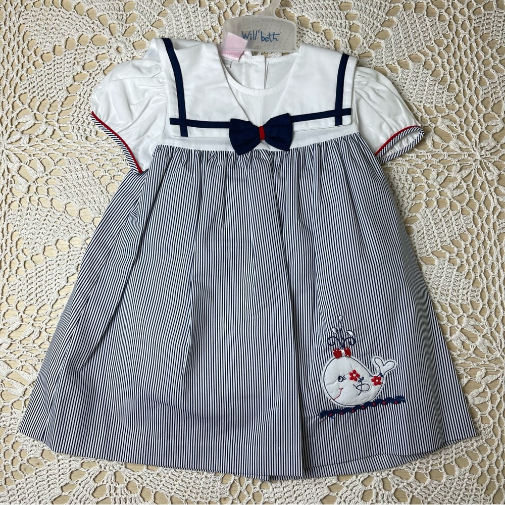 Will'Beth Baby Girl 18 Months Whale Applique Nautical Dress Bloomers Set